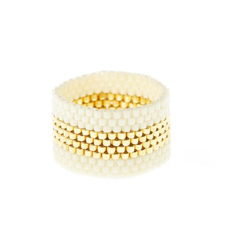 Wide Woven Gold Stripe Ring - Cream & Gold